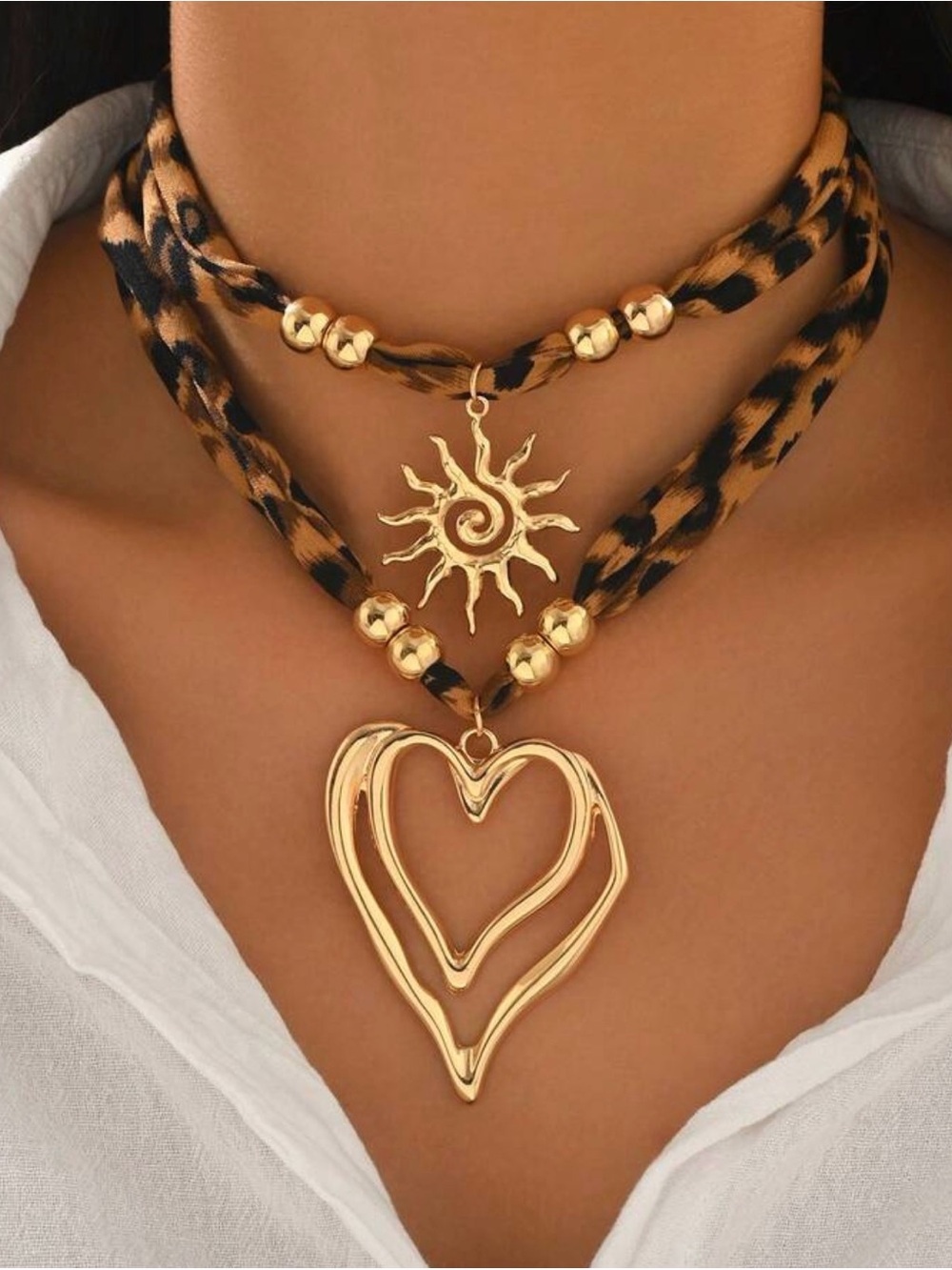 Gold Heart & Sun Leopard Choker Necklace - Women Jewelry